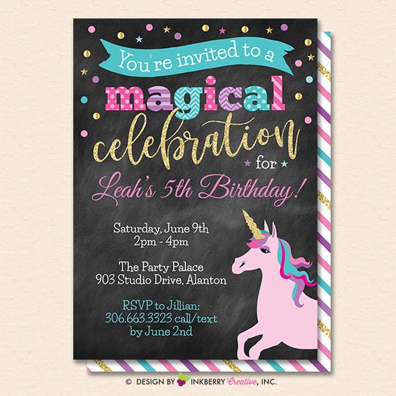 Unicorn Party Invitation - Glitter Unicorn Invitation - Pink Glitter Unicorn Party - Chalkboard - Printable, Instant Download, Editable, PDF Il_570xn