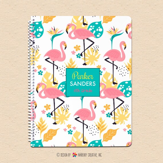 Fancy Flamingo - Cute Pink Flamingo Palm Leaf, Floral, Flowers, Summer, Personalized, Custom Spiral Notebook - Kids Wide Ruled Notebook Il_570xn