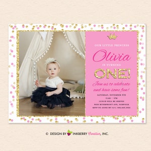 Pink Gold Princess 1st First Birthday Party - Foto Einladung (digital, druckbare Datei, bearbeitbar in Adobe Reader) Glitzer, Konfetti, Krone
