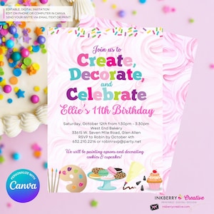 Erstellen, Dekorieren, Feiern - Kekse, Cupcakes, Schürze Dekorieren Geburtstagsfeier-Einladung - Printable, Instant Download, bearbeiten in Canva
