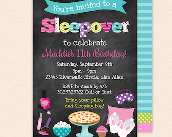 Sleepover Party Invitation - Chalkboard Style Girls Birthday Sleepover, Slumber, Pajama Party - Printable, Instant Download, Editable, PDF
