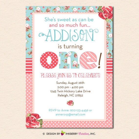 Shabby Chic - Vintage Roses & Patterns - Floral First Birthday Party Invitation (Digital, Printable File OR Printed Cardstock Cards) Il_570xn