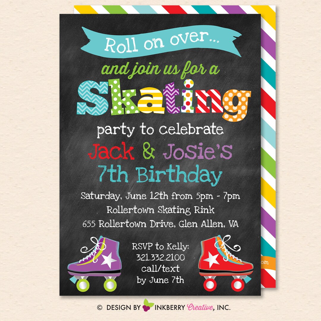Roller Skating Birthday Party Invitation - Boy Girl, Twins, Sibling ...