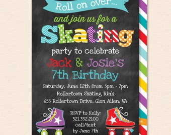 Roller Skating Birthday Party Invitation - Boy Girl, Twins, Sibling, Friend - Roller Skate - Printable, Instant Download, Editable, PDF