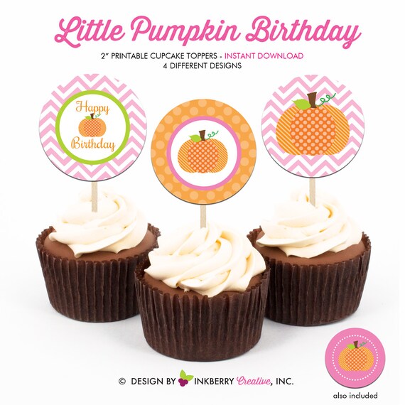 Girl's Little Pumpkin Birthday Party - Printable 2 inch round Cupcake Toppers - Instant Download PDF File Il_570xn
