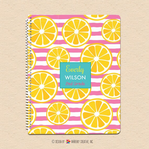 Pink Stripe Lemon Slice - Cute Pink White Stripe, Lemon Theme Personalized, Custom Spiral Notebook - Wide Ruled Notebook for Kids Il_570xn