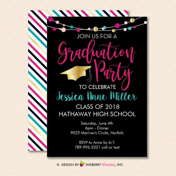 Colorful Lights Graduation Party Invitation - Pink, Gold Graduation Custom Invite - Printable File OR Printed on Cardstock Il_570xn
