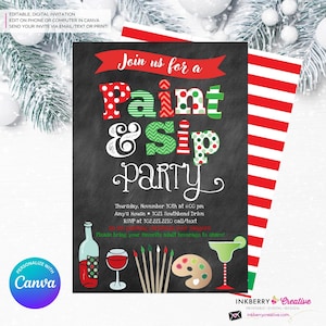 Christmas Paint and Sip Invitation, Editable Painting Wine Party Invite, Christmas Party, Chalkboard, Personalize and Edit in Canva