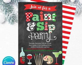 Christmas Paint and Sip Invitation, Editable Painting Wine Party Invite, Christmas Party, Chalkboard, Personalize and Edit in Canva