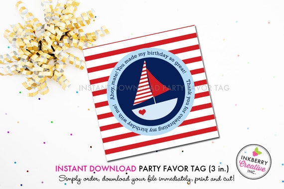 Nautical Sailboat (Boys) - Printable 3 inch Square Birthday Party Favor Tags - Instant Download PDF File Il_570xn