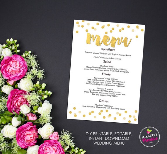 Gold Confetti Printable, Editable, Menu Cards - Instant Download, Editable PDF File, Print Your Own Il_570xn