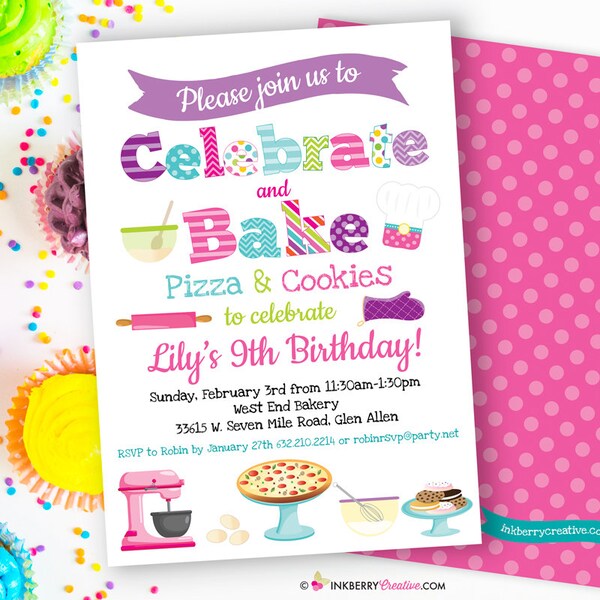 Pizza and Cookies - Little Chefs Baking Birthday Party Invitation - Cookie Baking Pizza Making - Printable, Instant Download, Editable PDF