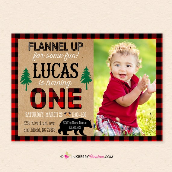 Lumberjack Flannel First Birthday Party Invitation - Boys 1st Birthday, Woodland, Bear, Red Black Plaid Photo Invite (Digital, Printable) Il_570xn