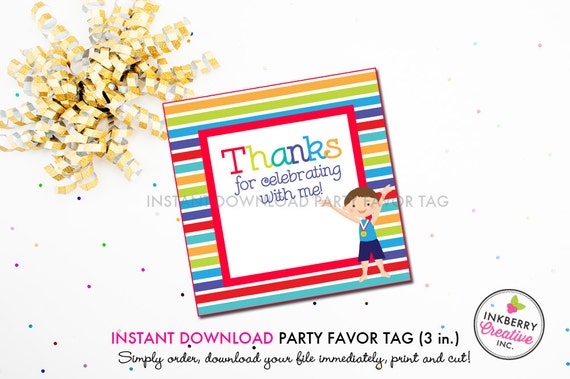 Boys Gymnastics Birthday (Brown Hair) - Printable 3 inch Square Birthday Party Favor Tags - Instant Download PDF File Il_570xn