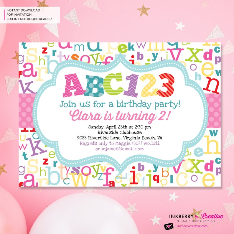 Alphabet Birthday Party Invitation Girls Alphabet Theme Party Invite Girl ABC Birthday Party Printable Instant Download, Editable, PDF image 4