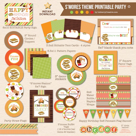 S'mores Birthday Party Printable Party Pack - S'mores Bar Printables, Banner, Thank You, Buffet Cards - Instant Download PDF File Il_570xn