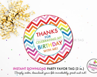 Rainbow Chevron - Printable 3 inch Birthday Party Favor Tags - Instant Download PDF File