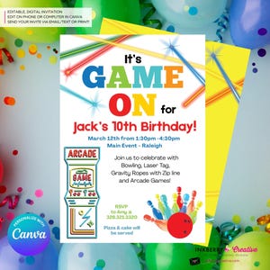 Game On - Arcade Games, Laser Tag, Bowling Birthday Party Invitation - Boys Arcade Game Party - Printable, Instant Download, Edit in Canva