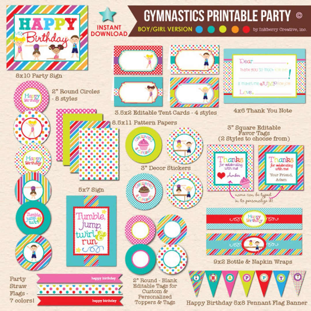 Gymnastics Boy/girl Birthday Party - Cartwheels &amp; Cupcakes Printable ...