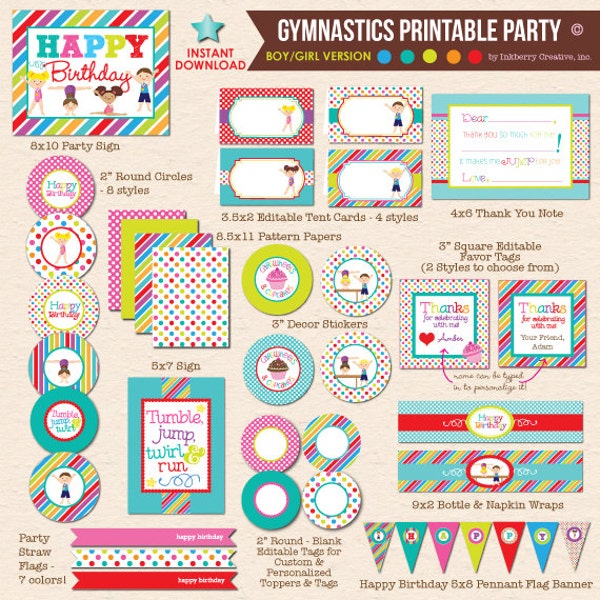 Gymnastics Boy/Girl Birthday Party - Cartwheels & Cupcakes Printable Party Pack - INSTANT DOWNLOAD!