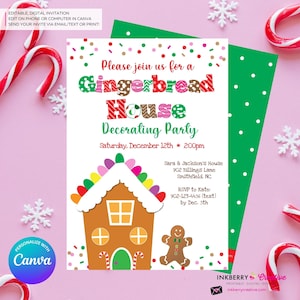 Gingerbread House Gum Drops and Sprinkles, Gingerbread House Decorating Christmas Party Invitation - Editable in Canva