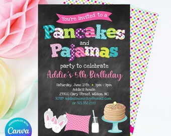 May include: A chalkboard style invitation for a Pancakes and Pajamas party to celebrate Addie's 5th birthday. The invitation is decorated with colorful polka dots and chevron patterns. The text on the invitation reads: "You're invited to a Pancakes and Pajamas party to celebrate Addie's 5th Birthday. Saturday, June 18th 5pm-9pm Addie's house 23300 Cary Street, Wilson, NC RSVP: addiesmomrsvp@email.com or 321.332.2555"