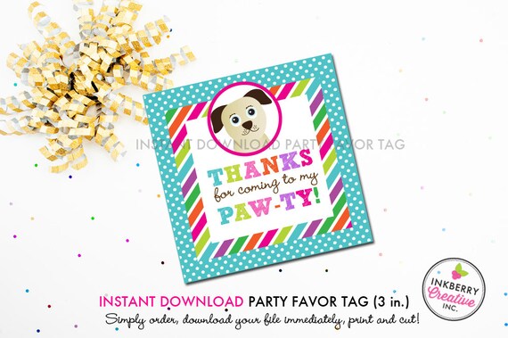 Girl's Puppy Pawty - Printable 3 inch Square Birthday Party Favor Tags - Instant Download PDF File Il_570xn
