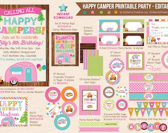 Happy Camper - Girls' Camping Birthday Party - Glamping Vintage Camper - DIY/Printable Complete Party Pack- Instant Download PDF File