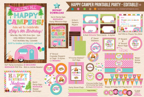 Happy Camper - Girls' Camping Birthday Party - Glamping Vintage Camper - DIY/Printable Complete Party Pack- Instant Download PDF File Il_570xn