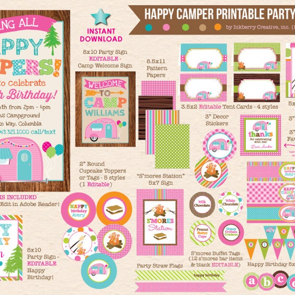 Happy Camper - Meisjescamping verjaardagsfeestje - Glamping Vintage Camper - DIY/afdrukbaar compleet feestpakket - Instant Download PDF-bestand