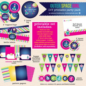 Peut inclure: Un kit de f&ecirc;te imprimable &agrave; faire soi-m&ecirc;me sur le th&egrave;me de l'espace. L'ensemble comprend divers &eacute;l&eacute;ments tels que des toppers, des &eacute;tiquettes, des &eacute;tiquettes de bouteilles et une banni&egrave;re. La palette de couleurs comprend du rose, du bleu, du vert et du jaune, avec des illustrations de fus&eacute;es et de plan&egrave;tes.
