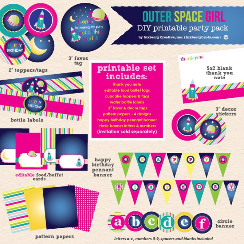 Peut inclure: Un kit de f&ecirc;te imprimable &agrave; faire soi-m&ecirc;me sur le th&egrave;me de l'espace. L'ensemble comprend divers &eacute;l&eacute;ments tels que des toppers, des &eacute;tiquettes, des &eacute;tiquettes de bouteilles et une banni&egrave;re. La palette de couleurs comprend du rose, du bleu, du vert et du jaune, avec des illustrations de fus&eacute;es et de plan&egrave;tes.