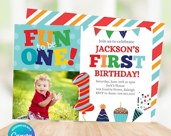 Invitación de primer cumpleaños "Fun to be One", colorida invitación fotográfica para el primer cumpleaños de niño, colores primarios, imprimible, descarga digital, edición en Canva
