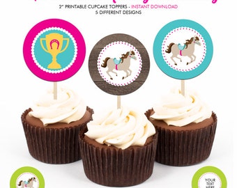 May include: Three cupcakes with white frosting, each topped with a different 2-inch round cupcake topper. The toppers feature equestrian-themed designs, including a trophy and horses. Text on the toppers reads "Horseback Riding Birthday".