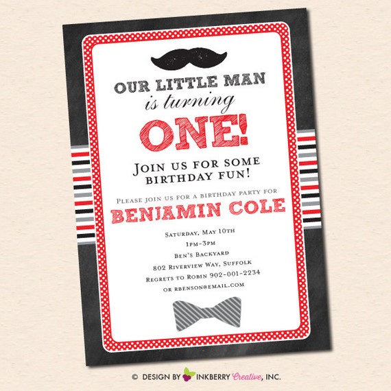Little Man Bow Tie & Mustache Birthday Party Invitation (Red and Black) (Digital, Printable File OR Printed Cardstock Cards) Il_570xn
