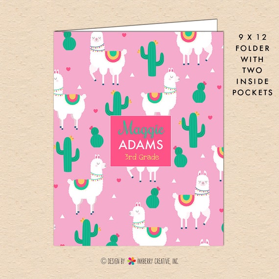 Cactus and Llama Kids Personalized, Custom Pocket Folder - Homework, School, Durable Pocket Folder for Back to School - Cute Llama Hearts Il_570xn