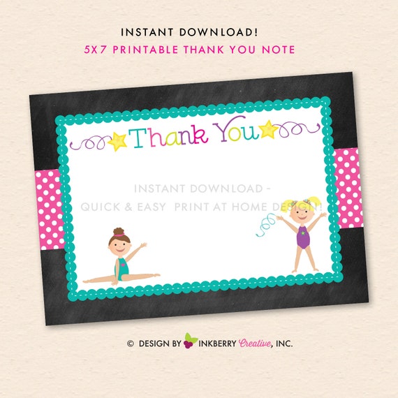 Gymnastics Birthday Party Thank You Note - Girls Gymnastics Party Thank You Note - INSTANT DOWNLOAD - Digital, Printable Files Il_570xn