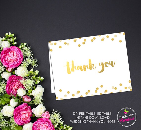 Gold Confetti Printable Folded Thank You Note - Instant Download, Editable PDF File, Print Your Own Il_570xn