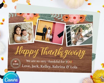 Happy Thanksgiving houtnerf bloemen 3 fotokaart - herfst aquarel geïllustreerde bloemen, Thankful for You kaart, personaliseren en bewerken in canvas