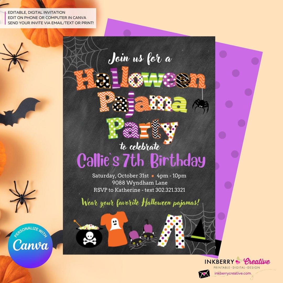 Halloween Pajama Party Invitation Chalkboard Editable in Canva