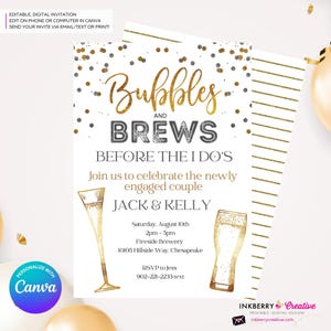 Bubbles and Brews Before the I Do&#39;s Engagement Party Invitation, Gold, Silver, Beer, Wine, Couples, Digital File, Edit in Canva