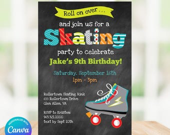 Invitación editable para fiesta de cumpleaños de patinaje sobre ruedas: invitación para fiesta de patinaje sobre ruedas para niños, pizarra, invitación a pista de patinaje, edición en Canva