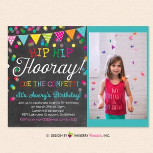 Hooray It's My Birthday Tafel Konfetti Wimpel Banner - Foto Geburtstagseinladung (digital, druckbare Datei, bearbeitbar in Adobe Reader)