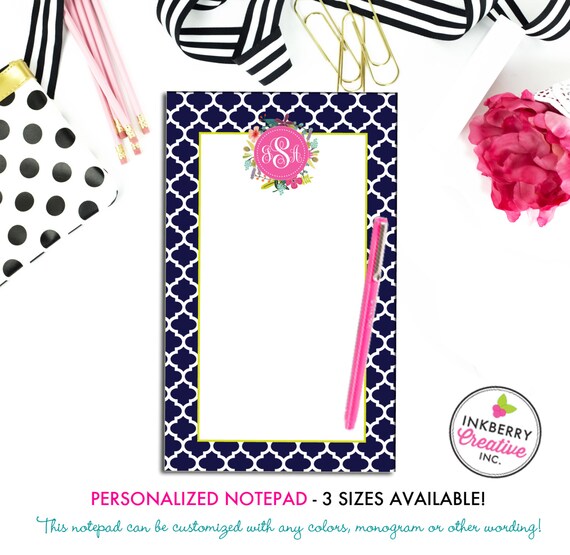 Personalized Notepad - Quatrefoil Floral - 3 Sizes Available - Small, Medium or Large - Customized with name, monogram or colors Il_570xn