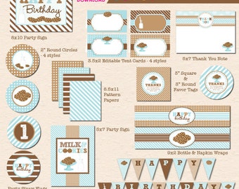Op de afbeelding: Een verzameling printbare feestversieringen met een melk en koekjes thema. Inclusief borden, labels, tags en banners in bruin, blauw en wit. De tekst "Happy Birthday" staat prominent op verschillende items.