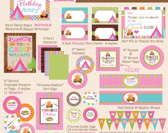 Girls' Smores & Camping Birthday Party - Pink Aqua Camping Backyard Campout - DIY/Printable Complete Party Pack- Instant Download PDF File