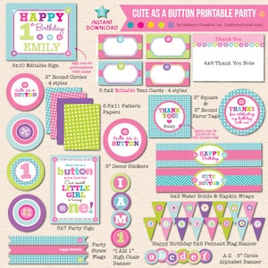 Pode incluir: Um conjunto de decoração de festa imprimível com tema de botões em rosa, verde-limão e turquesa. Inclui uma placa de 20x25 cm, cartões de agradecimento de 10x15 cm, cartões de mesa de 9x5 cm, etiquetas de 8 cm e bandeirolas de 13x20 cm.