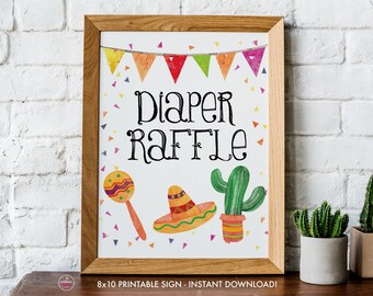 May include: A printable 8x10 inch sign for a diaper raffle with a festive Mexican theme. The sign features a maraca, a sombrero, and a cactus with the text "Diaper Raffle" in black.