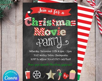 May include: A Christmas Movie Party invitation on a chalkboard background. The invitation features festive text in red and green, with a Santa hat and holiday icons. The invitation includes the date, time, location, and RSVP information.