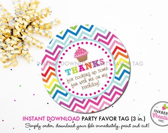 Rainbow Chevron Baking Party - Printable 3 inch Birthday Party Favor Tags - Instant Download PDF File